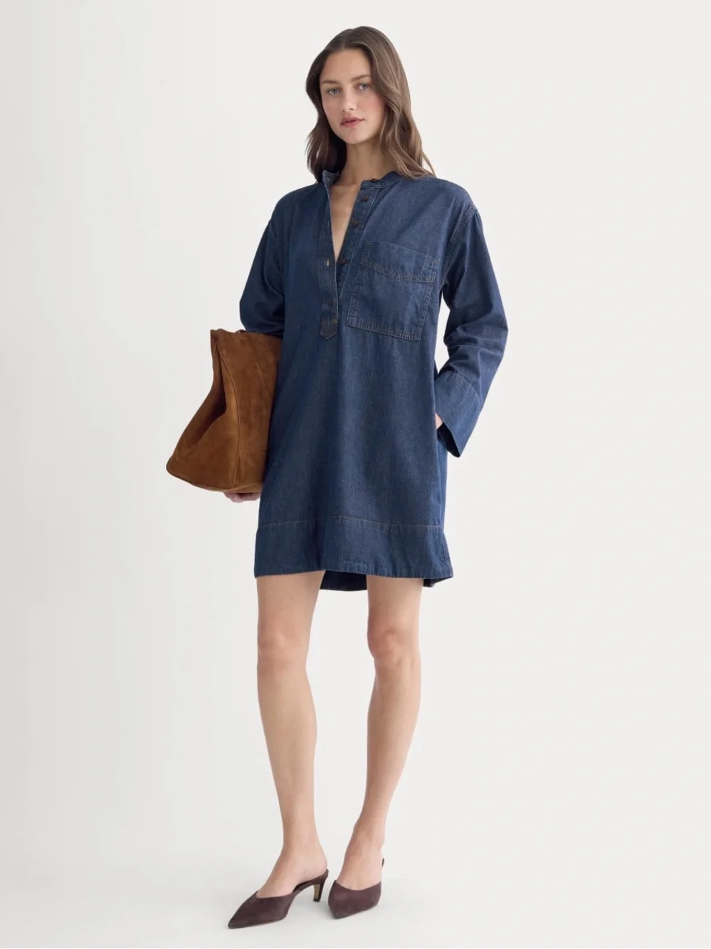 EVERLANE THE DENIM POPOVER DRESS IN DARK INDIGO L